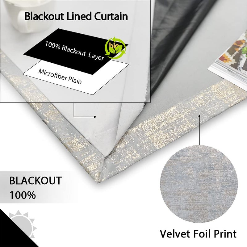 always4u 100% Blackout Soft Velvet Curtains for Bedroom Living Room Thermal Energy Saving 84 Inches Long Luxury Gold Foil Print Drapes 2 Panels Silver - Image 2